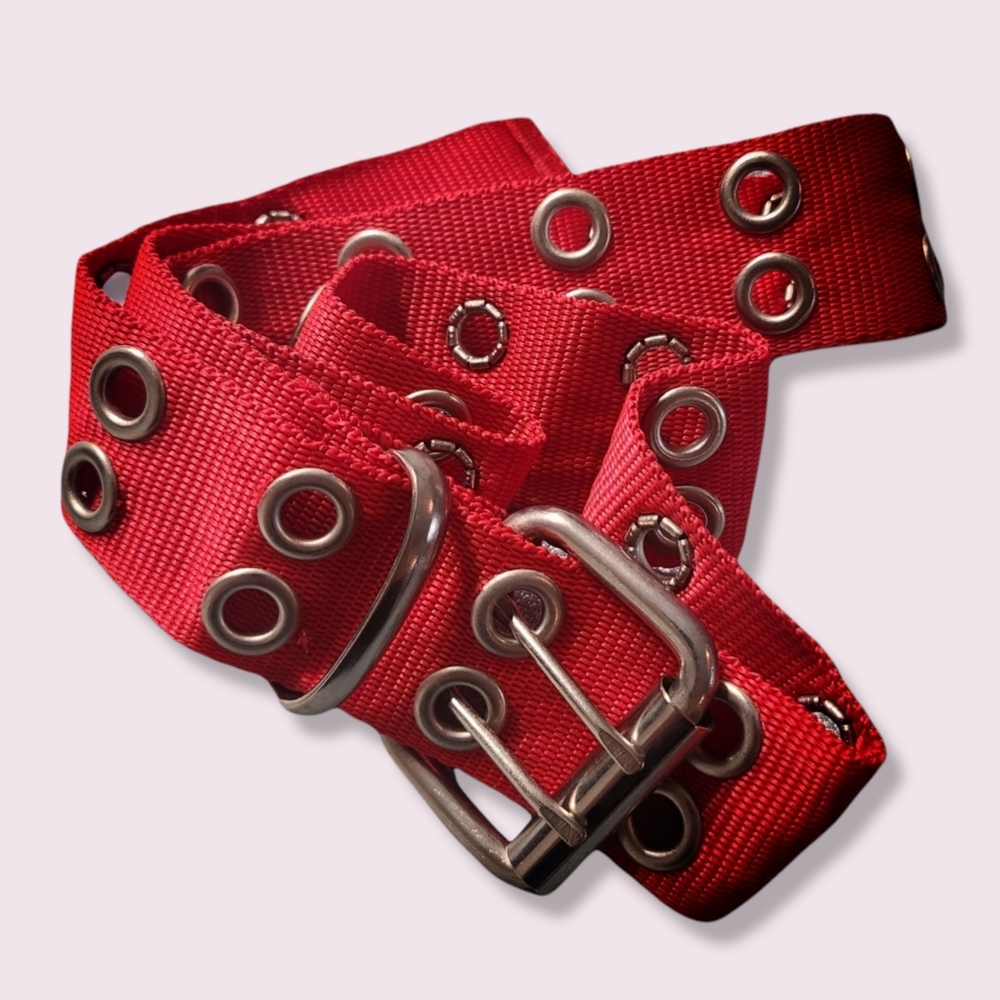 90s Classic Canvas Belt 1.5" 2-Row Metal Eyelets Red - Picture 2 of 11
